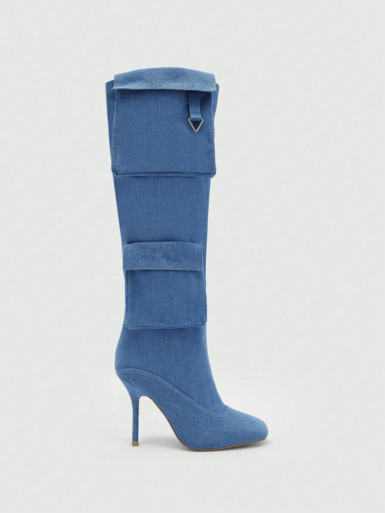 Women Minimalist Stiletto Heeled Classic Boots, Fashion Denim Boots