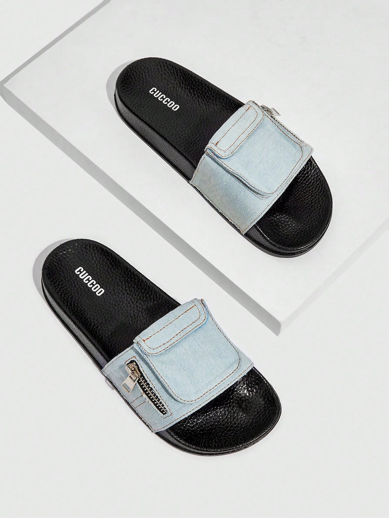 Fashion Blue Slides For Women, Zipper Detail Denim Slippers