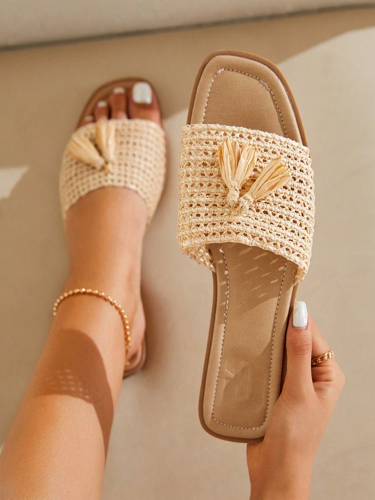 Women Braid Design Tassel Decor Slide Sandals, Vacation Summer Flat Sandals