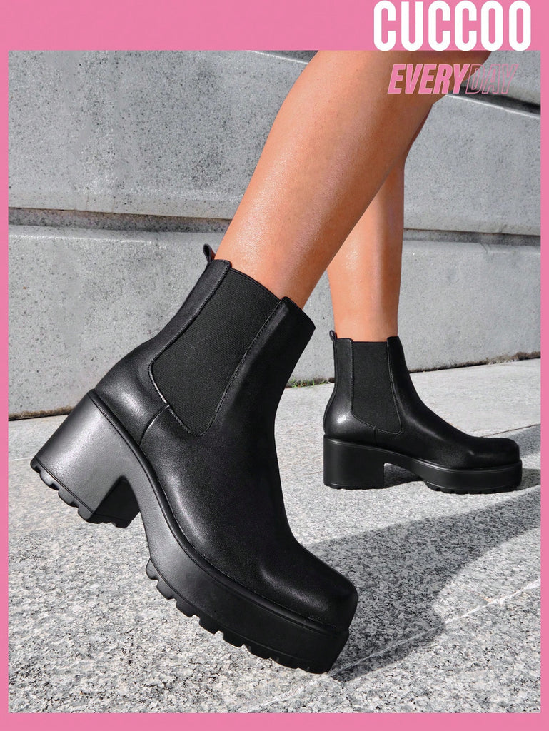 Women Chunky Heeled Chelsea Boots, Elegant Black Fashion Boots