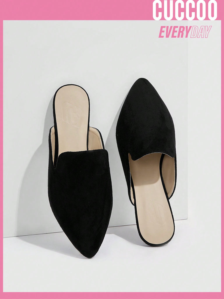 Women Minimalist Point Toe Flats, Elegant Black Faux Suede Mules
