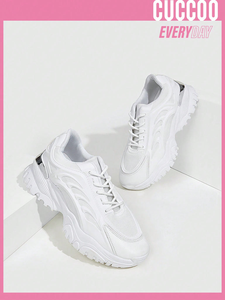 Women's Fashionable Sporty White Lace Up Chunky Sneakers