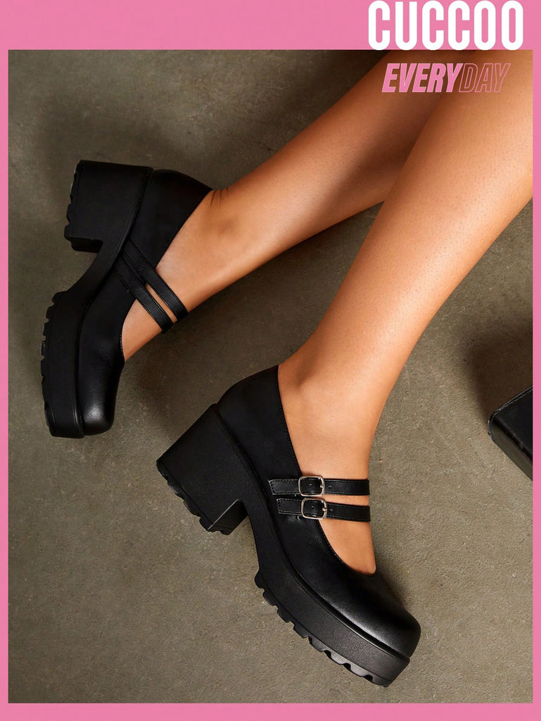 Women Double Buckle Decor Platform Shoes, Elegant Black Mary Jane Shoes