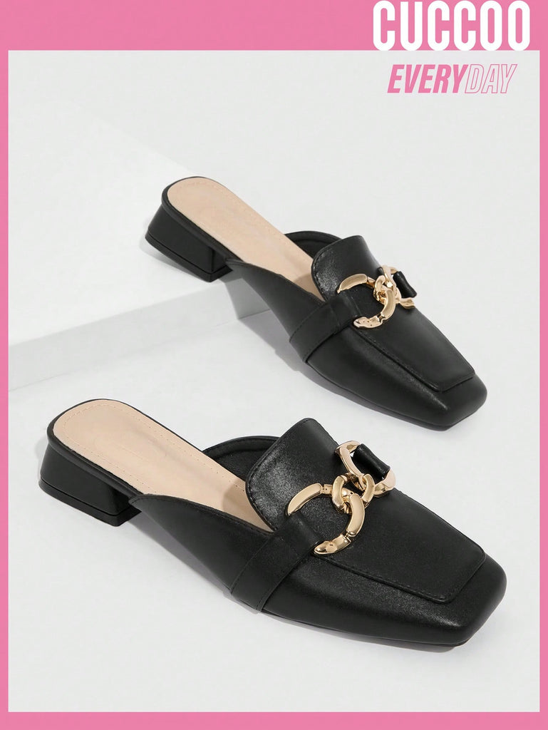 Women Metal Decor Square Toe Flats, Elegant Black Mule Shoes