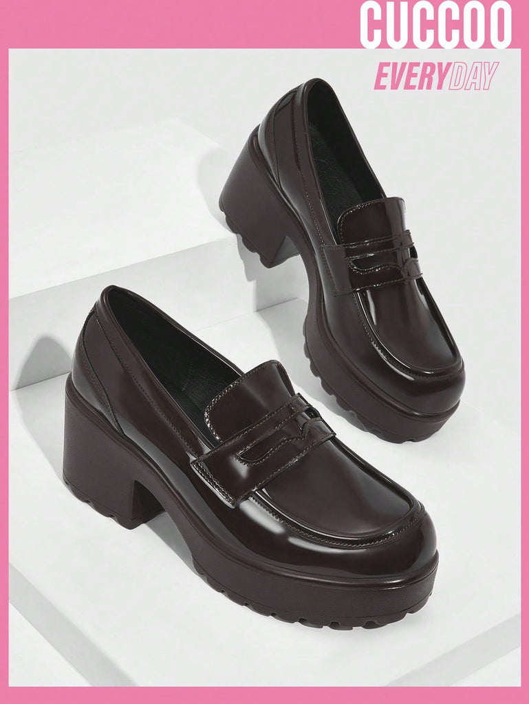 Women Minimalist Chunky Heeled Loafers, Elegant Coffee Brown Artificial Leather Flatform Shoes