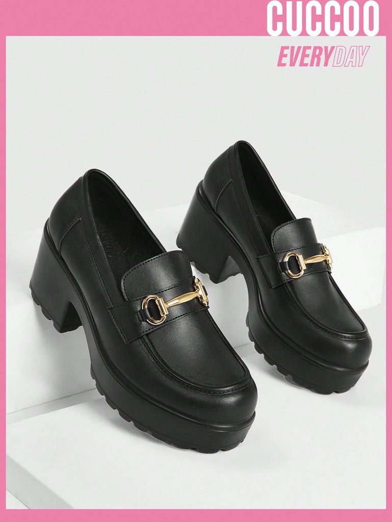 Women Metal Decor Stitch Detail Platform Shoes, Elegant Black Loafer Shoes