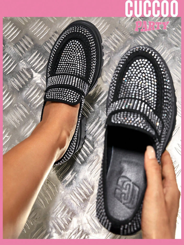 Punk Black Loafer Wedge Shoes For Women, Rhinestone Decor Platform Shoes