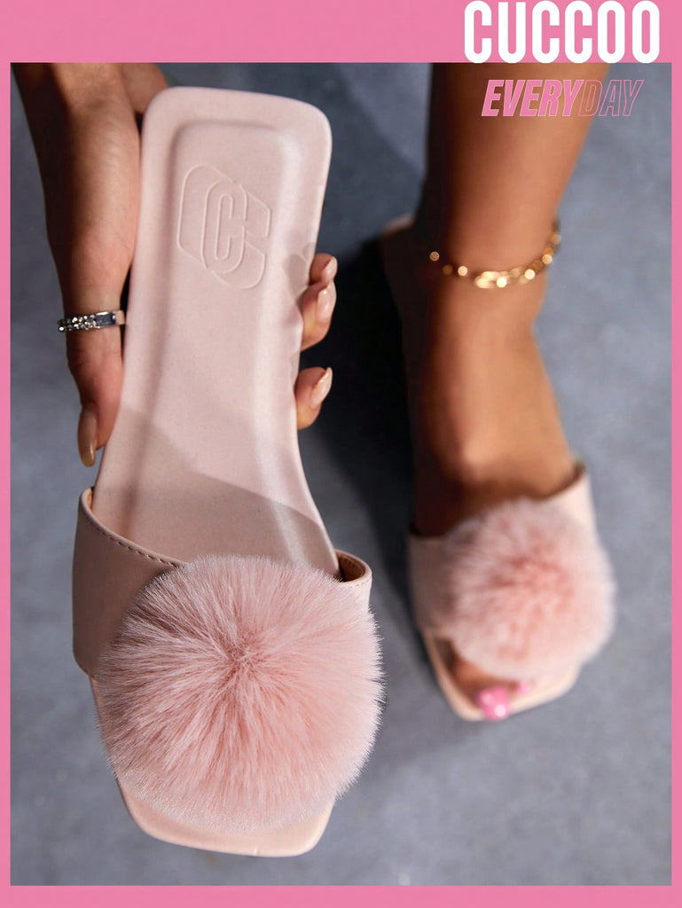 Women Pom Pom Decor Slide Sandals, Fashion Summer Flat Sandals