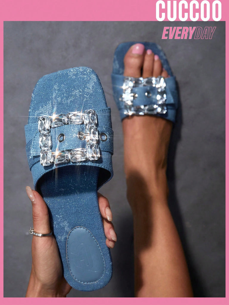 Women's Denim Cloth Glamorous Flat Sandals With Rhinestone Decoration