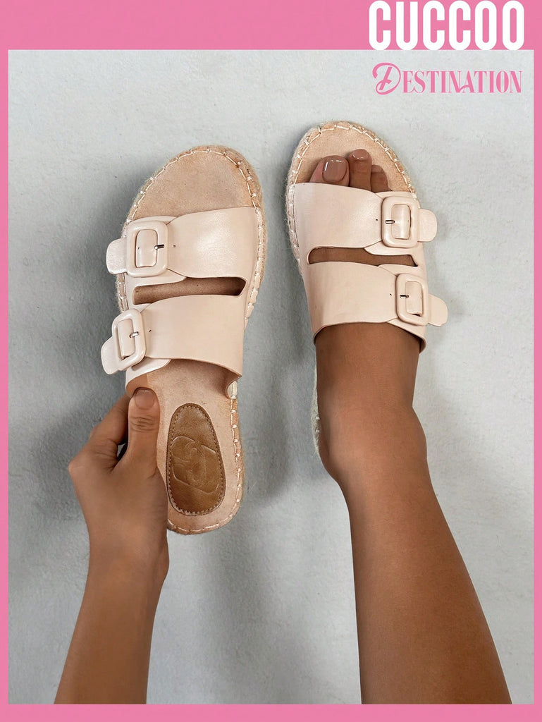 Women Double Buckle Decor Flat Sandals, Vacation Beige Slide Sandals