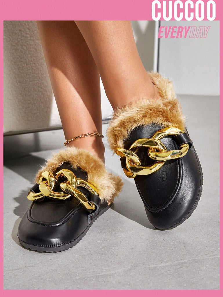 Women's Slippers With Fur, Chain Decoration, Round Toe, Mules Flat Shoes
